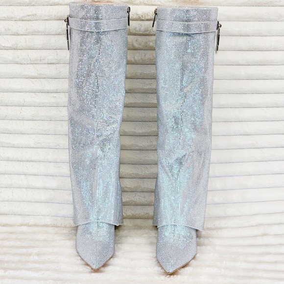 Super Sparkle Sharky Silver Rhinestone Skirted Fold Over Wedge Heel Knee Boots - Picture 6 of 12
